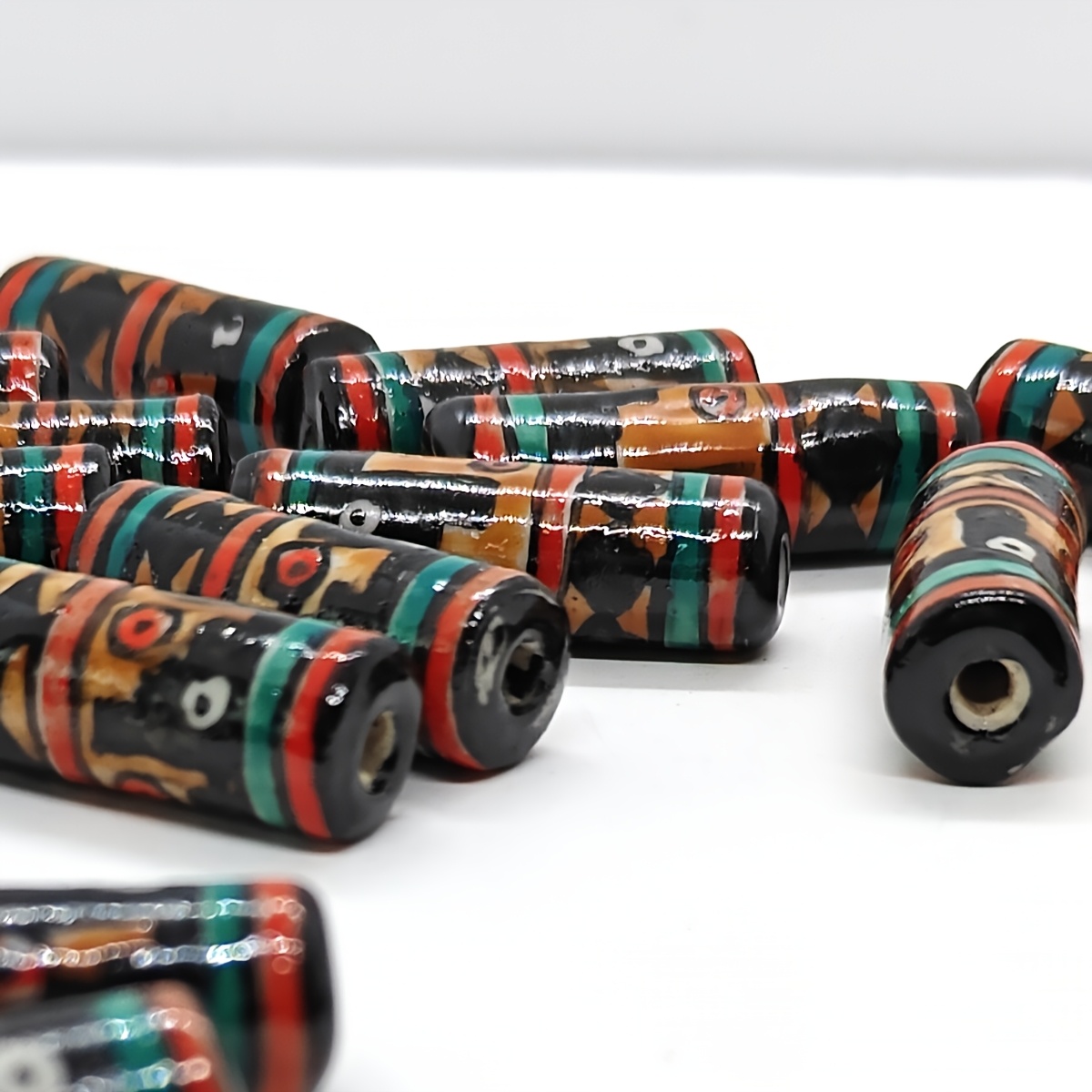 Brown Tribal Pattern Cylinder Ceramic Beads, 2pcs Set